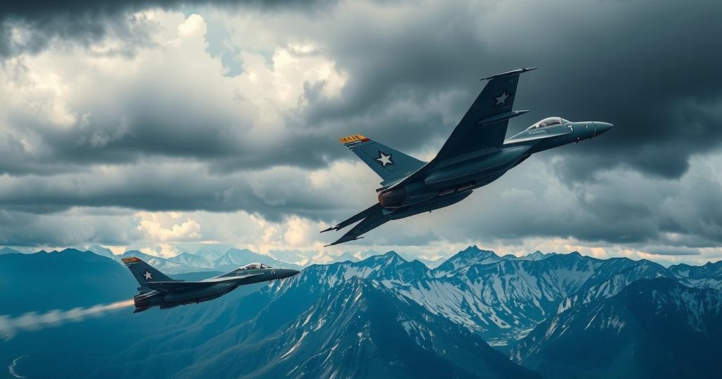 Air force jets in flight striking against a scenic mountainous backdrop with dramatic clouds, depicting military operations.