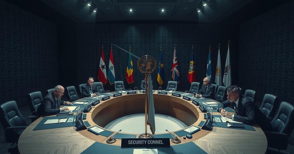 UN Security Council meeting with flags and representatives amid a tense atmosphere and dark color tones.