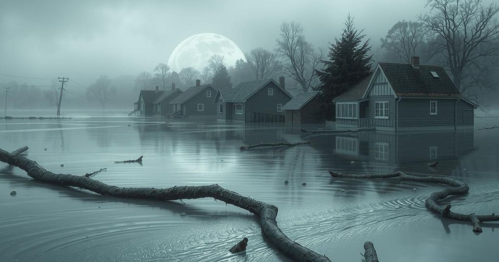 A flooded landscape with submerged houses and debris in a natural setting after heavy rainfall.