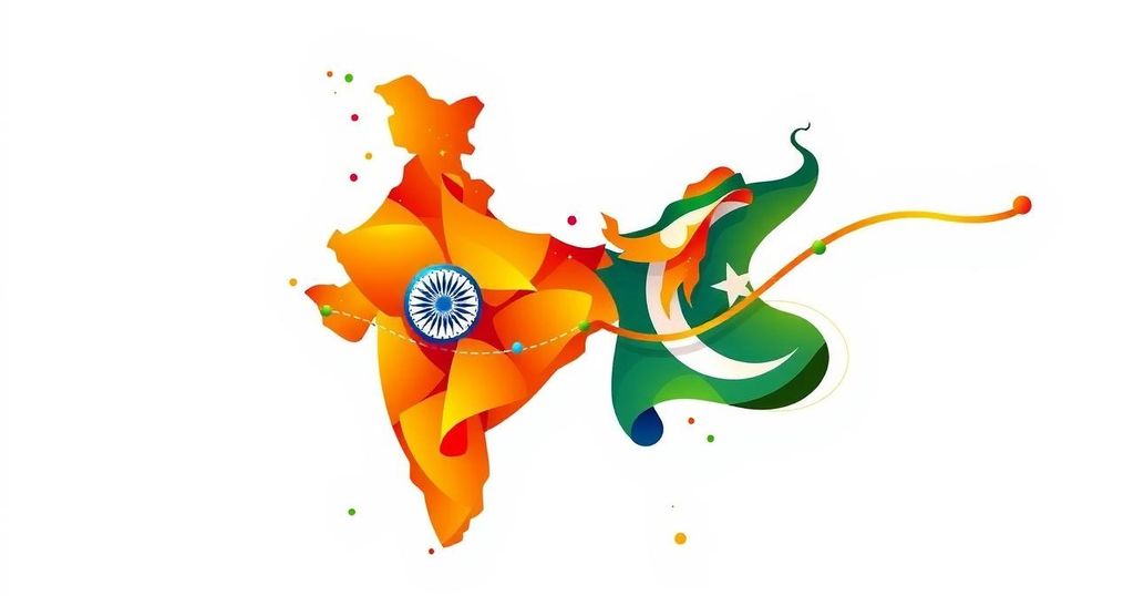 Colorful abstract depiction of India and Pakistan with symbolic representations of peace and diplomacy, in a modern artistic style.