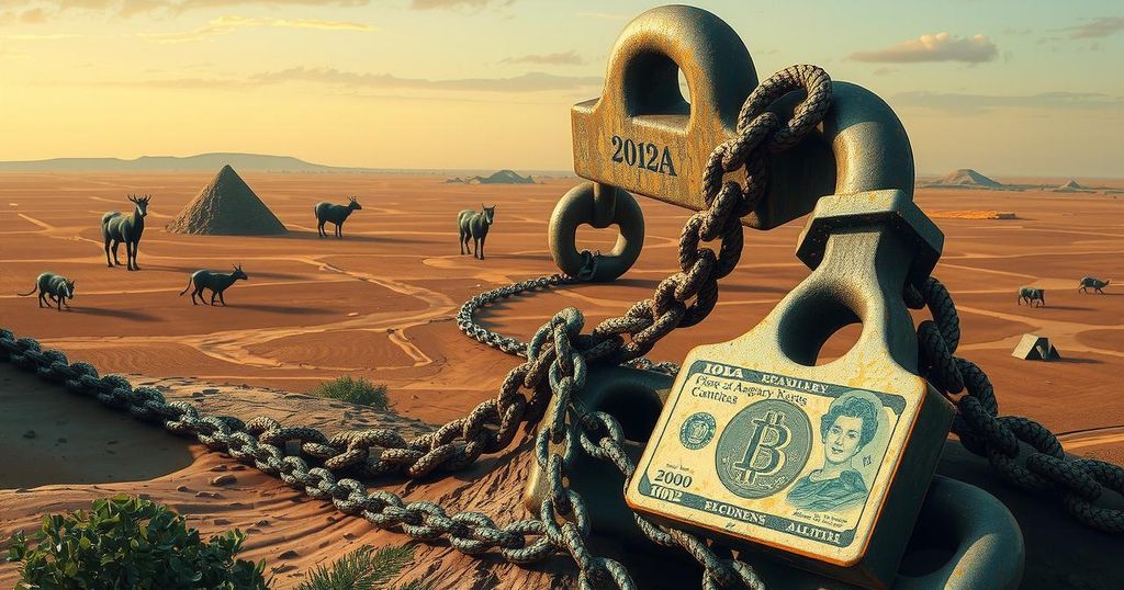 A conceptual representation of economic struggles in Kenya with symbolic imagery of currency and burdensome taxes.