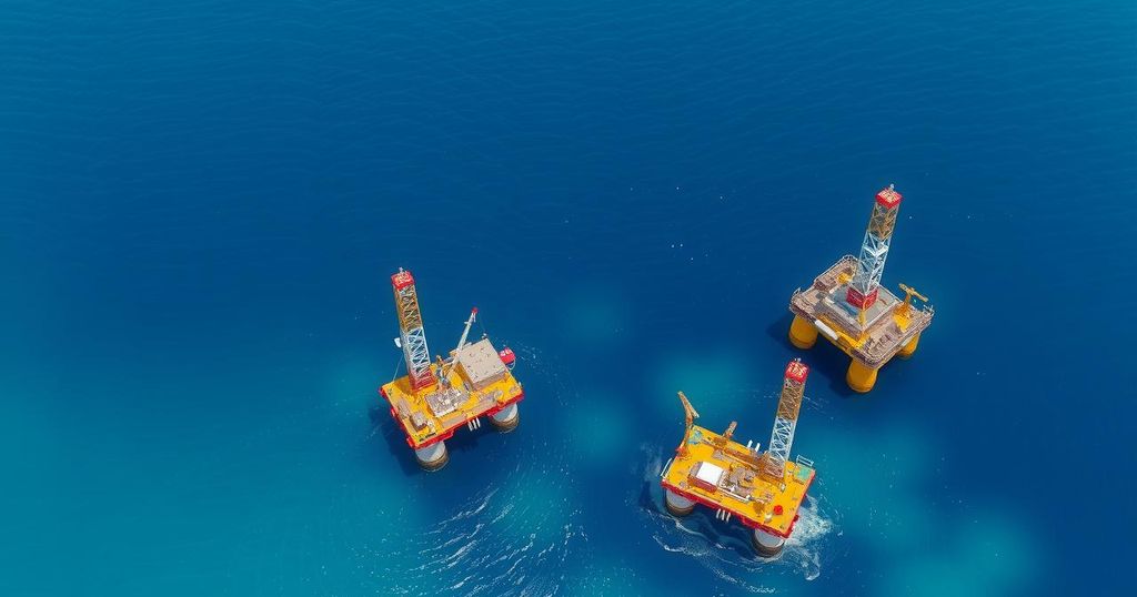 Aerial view of offshore oil drilling platforms surrounded by deep blue ocean, with rich greenery in the background.