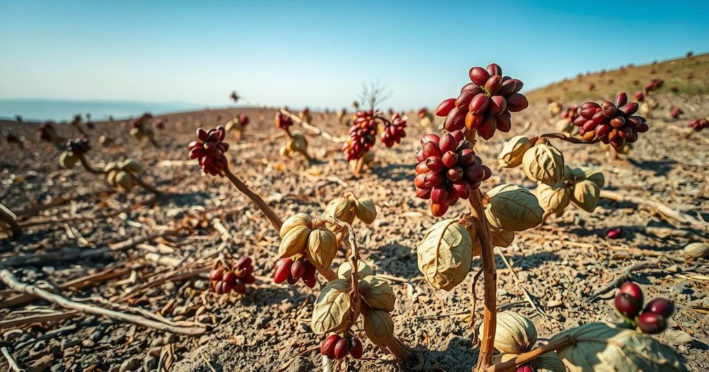 Dried coffee plants in a barren field under a clear blue sky, showcasing the impact of drought on crops.