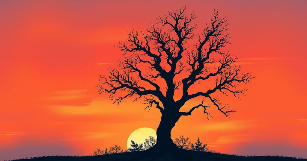 Silhouette of a barren tree symbolizing decline, set against a soft sunset gradient of oranges and purples.