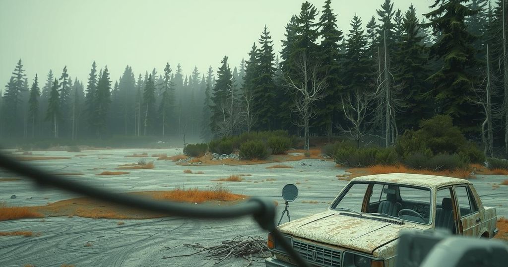 Devastated vehicle in a serene forest landscape representing conflict areas in Lebanon.