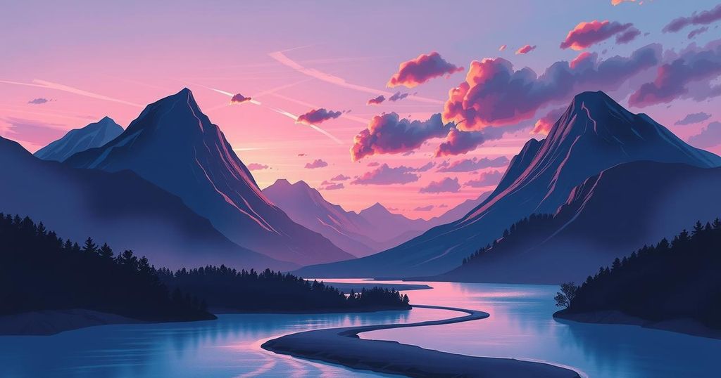 Symbolic representation of conflict resolution, featuring a serene landscape divided by two opposing mountains in twilight hues.
