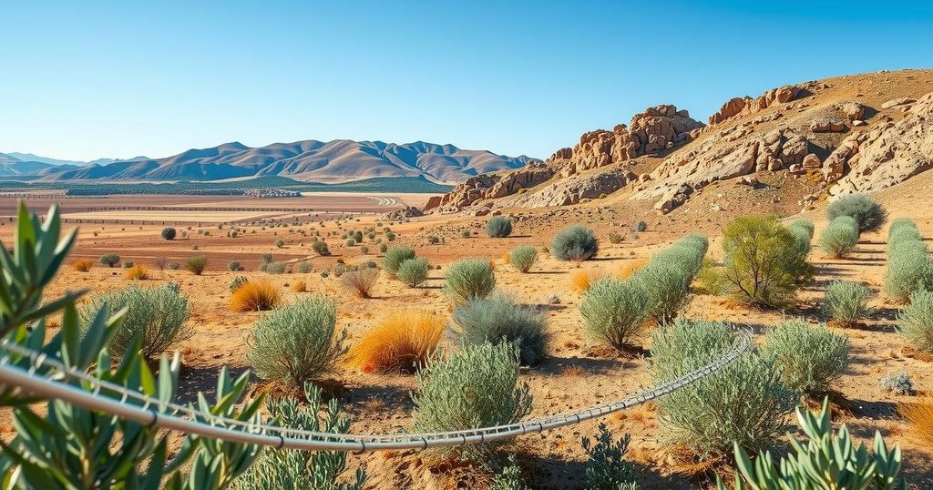 Desert landscape showing diverse crops, efficient irrigation systems, with clear skies and vibrant colors.