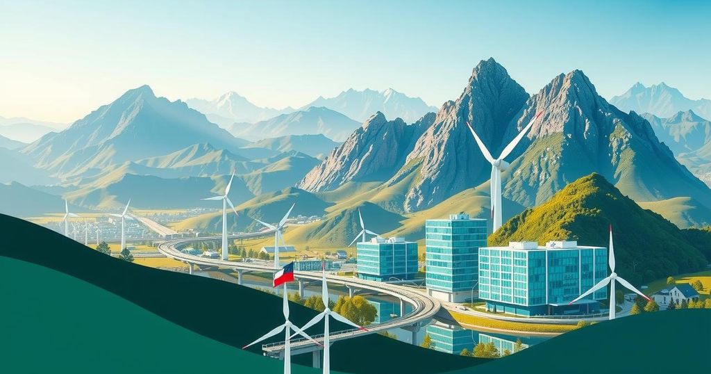 A vibrant Chilean landscape with symbols of economic growth and innovation, featuring mountains and modern infrastructure.