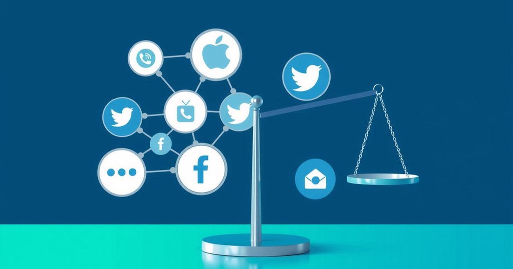 Abstract representation of social media regulation with interconnected icons and a balanced scale