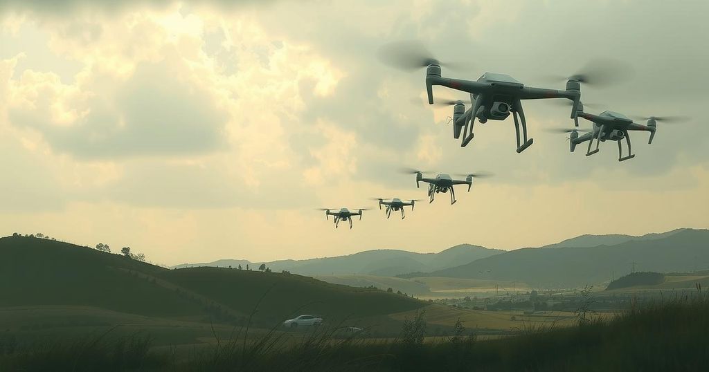 Aerial view of a southern Lebanese landscape with drone and military silhouettes in the sky, muted color palette.