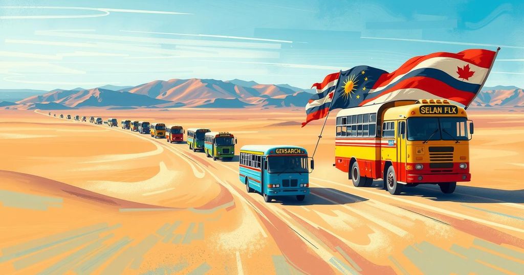 A group of colorful buses driving through arid desert landscapes, symbolizing a peaceful march for justice and solidarity.