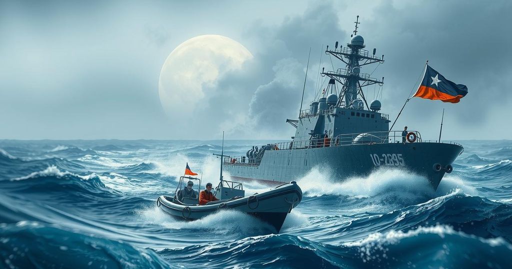 A navy vessel intercepting a small boat at sea, representing maritime security operations.