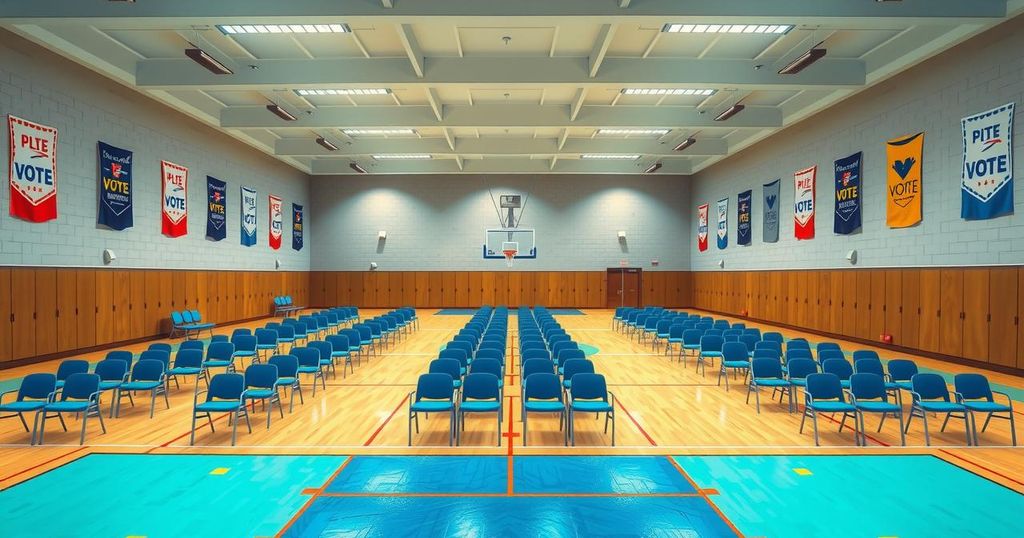 Empty school gym for quiet primary day voting with colorful banners and chairs arranged in neat rows.