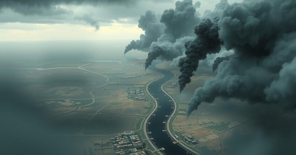 Dramatic aerial view of a tense Middle Eastern landscape under stormy skies, symbolizing conflict and uncertainty in the region.