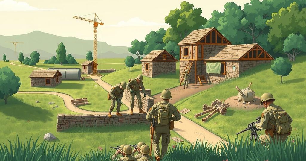 A green landscape depicting military builders working with tools in a collaborative environment.