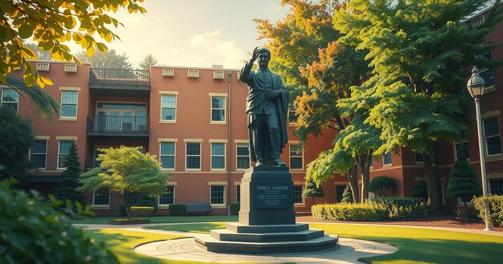 A symbolic representation of dialogue between nations with a statue in the background, featuring warm colors and soft light.