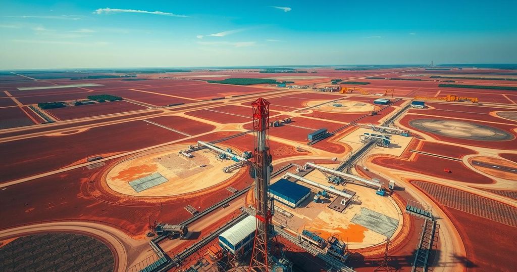 Aerial view of an oil field with modern drilling equipment under a clear blue sky in Angola's Kwanza basin.