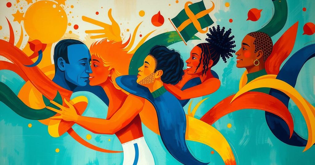 Colorful abstract artwork depicting unity and diversity, symbolizing the strength of immigrant communities in South Florida.