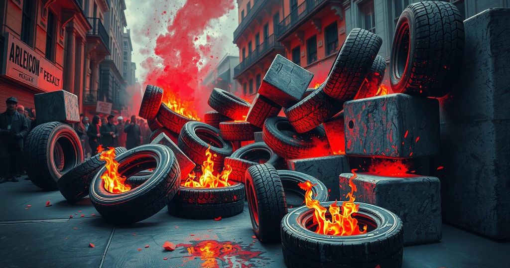 Protest scene with barricades and tire fires in a vibrant urban setting, showcasing political tension and unrest.