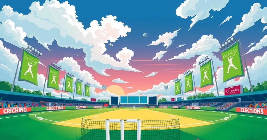 Cricket-themed artwork with a dynamic design, featuring a cricket pitch and colorful banners, symbolizing upcoming elections.