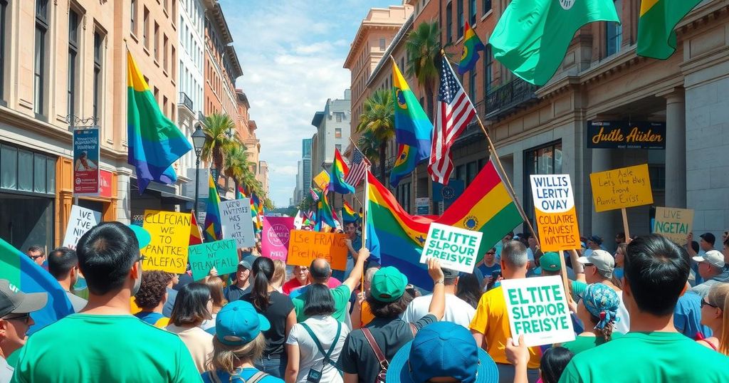 A vibrant street scene in Sao Paulo with a sea of colorful signs and flags during a large peaceful rally.