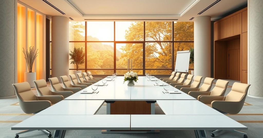A conference hall with elegant decor, empty chairs in organized rows, and a large table set for international meeting.