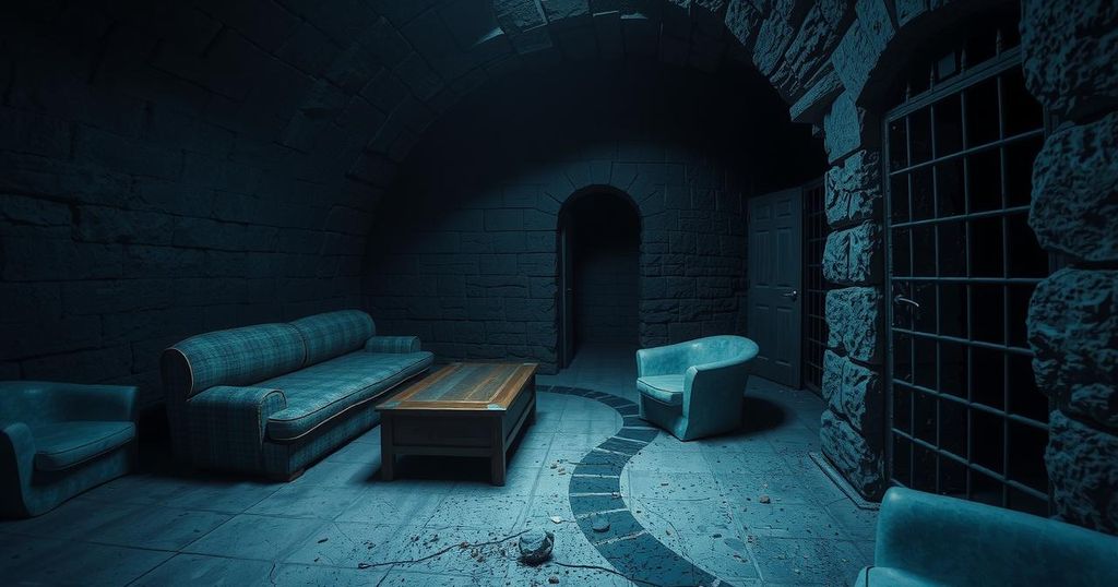 A shadowy underground cell representing the harsh conditions of detention, featuring dark tones and minimal light.