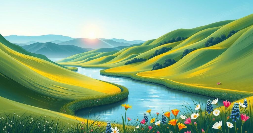A serene landscape symbolizing peace, featuring soft green hills, a calm river, and vibrant flowers in a tranquil setting.