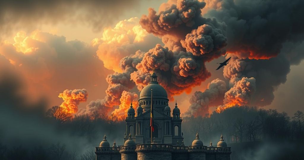 A tense military landscape showing smoke and clouds over a historical site, signifying ongoing conflict and diplomacy.