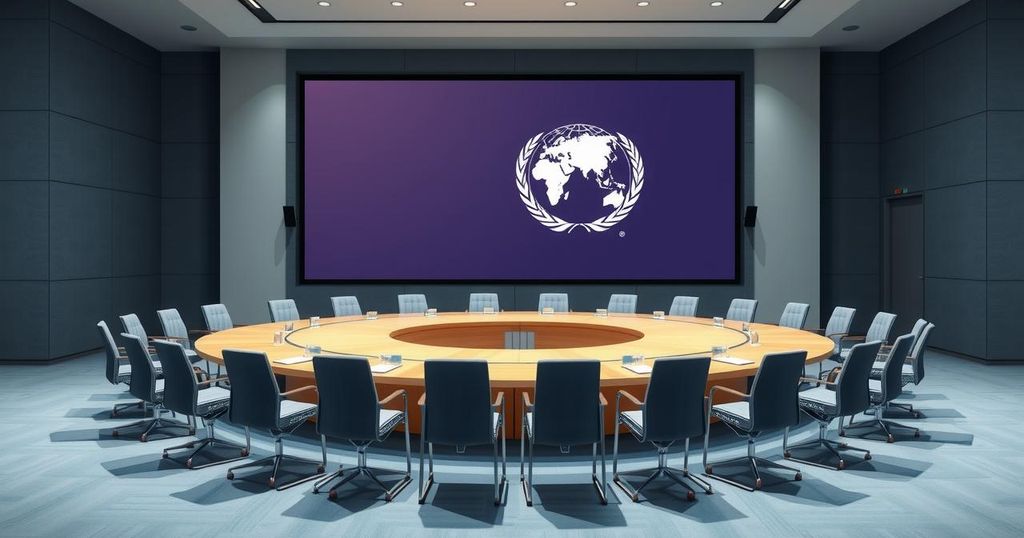 A modern conference room with a large round table, empty chairs, and a screen displaying the UN emblem.