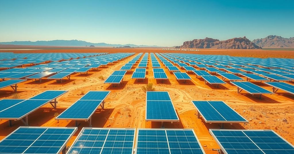 Solar panels in a desert landscape, representing clean energy and sustainability efforts in Chile.