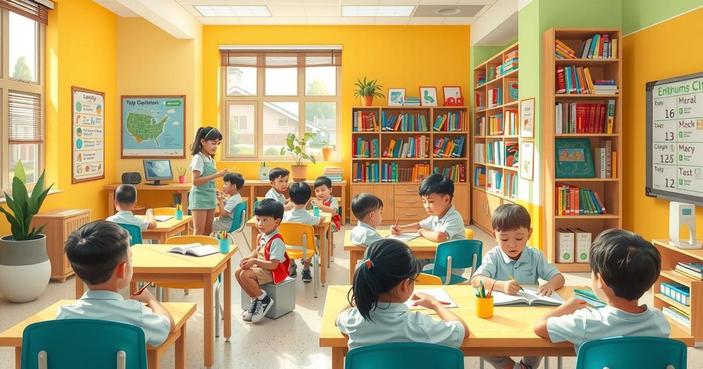 Vibrant classroom scene showing diverse students learning with books and educational materials, emphasizing progress in education.