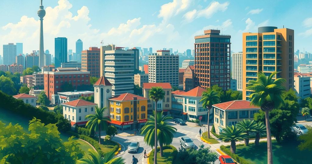 A vibrant cityscape representing Nigeria's economic growth and new tax reforms, showcasing modern architecture and abundant greenery.