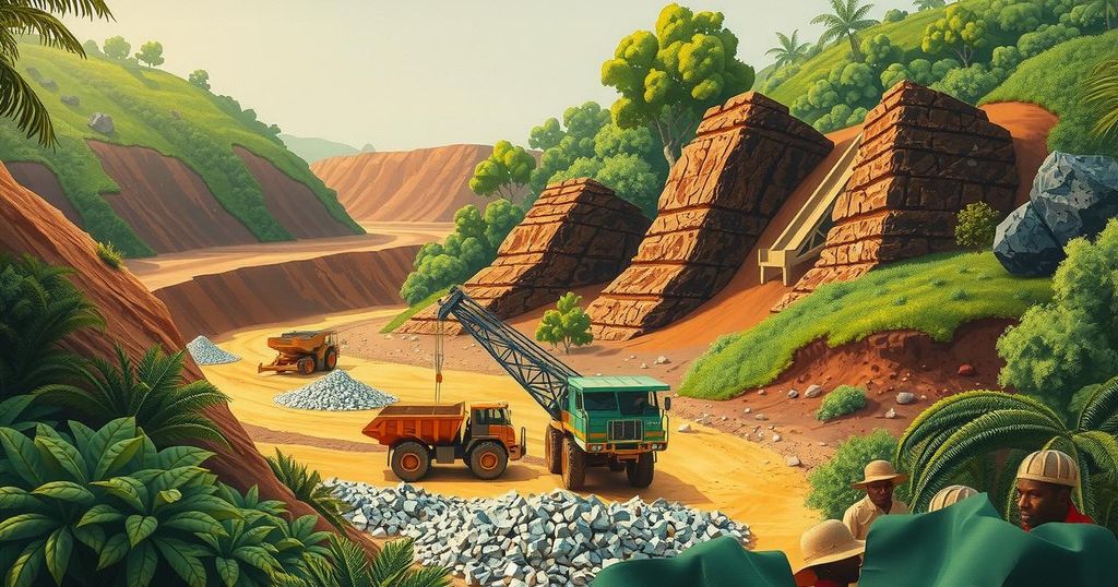 A vibrant mining landscape with mineral deposits, machinery, and greenery, showcasing Ghana's natural resources.