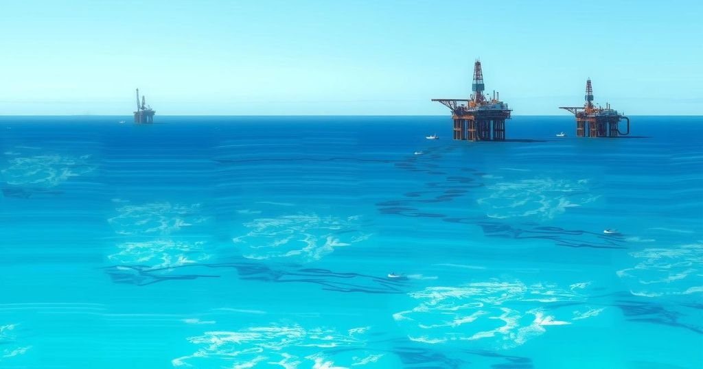 An abstract representation of oil and gas operations in Trinidad and Tobago with a blue and green color scheme.