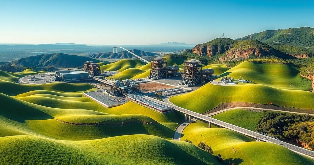 A serene landscape depicting lush green hills in Paraguay with modern mining facilities under a clear blue sky.