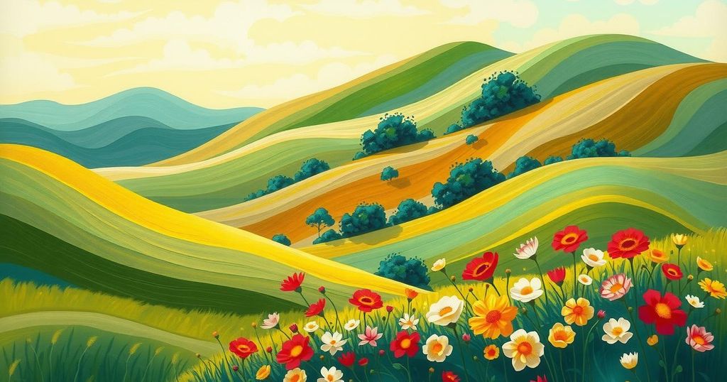 A serene landscape showcasing rolling hills and vibrant flora in a warm color palette emphasizing nature's beauty.