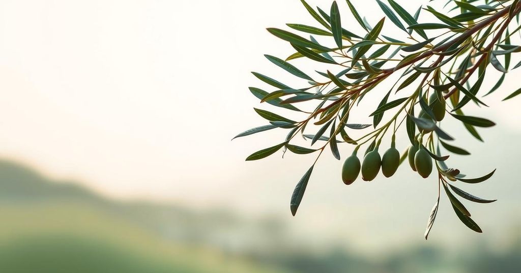 A peaceful landscape with olive branches, symbolizing a ceasefire between nations, in serene colors and minimalist style.