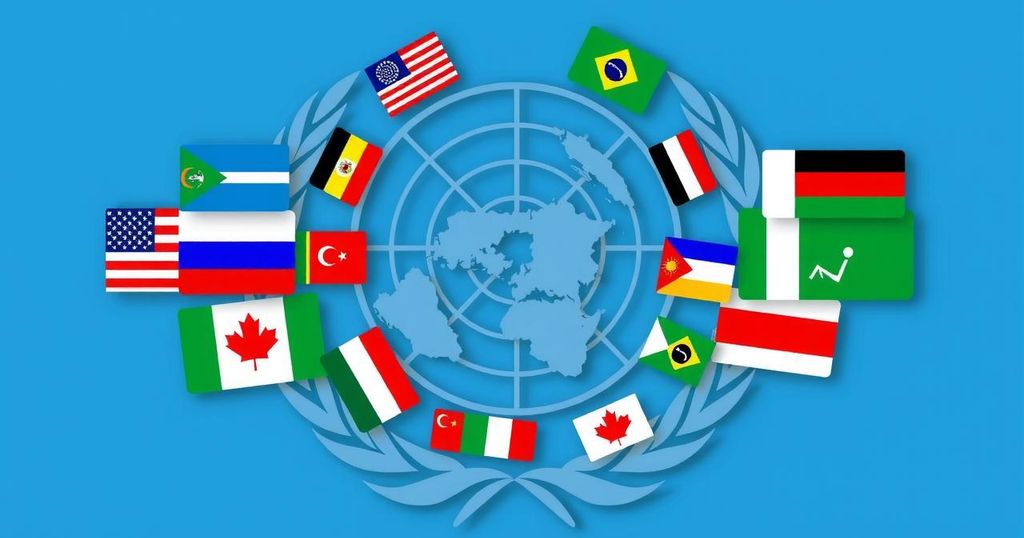 Symbolic global cooperation depicted with flags of nations encircling the UN emblem in a modern art style with vibrant colors.