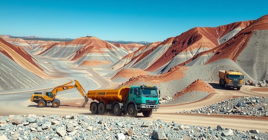 A mining site with heavy machinery under a blue sky, representing uranium mining operations.