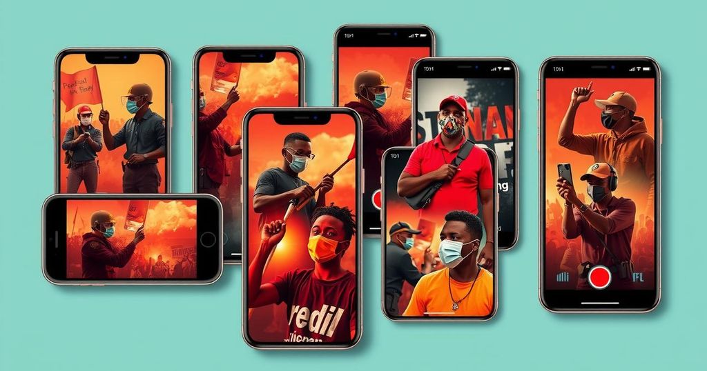 A collage depicting diverse smartphone screens capturing protest moments in Nairobi, highlighting activism and social media.