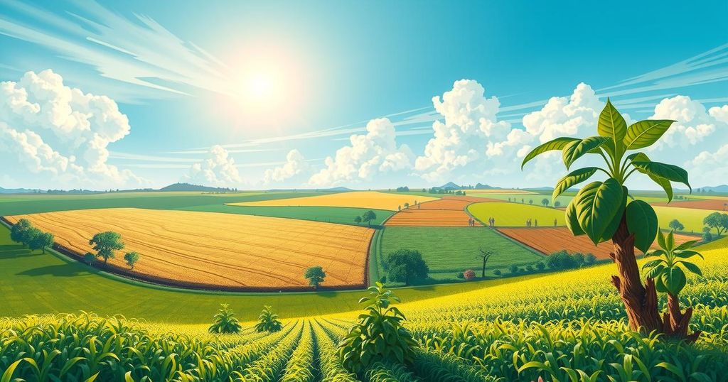 A vibrant landscape symbolizing unity and potential in Nigeria, featuring agricultural fields and bright blue skies.