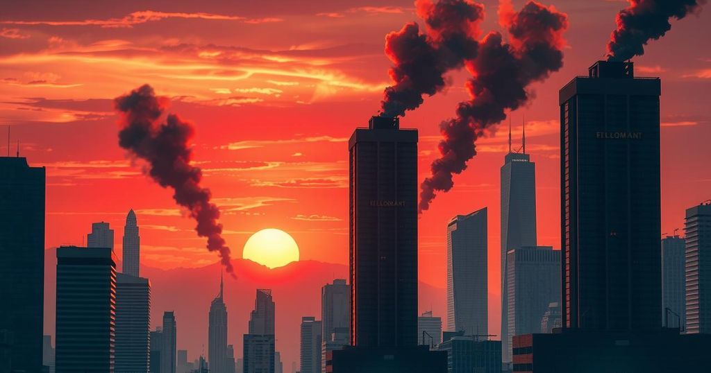 Smoke rising from buildings in a cityscape affected by explosions with a dramatic sunset backdrop.