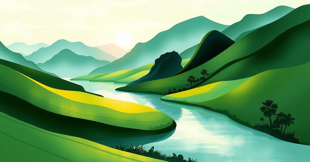 A vibrant, abstract landscape representing Vietnam and Laos relations, featuring lush greenery and soft colors.