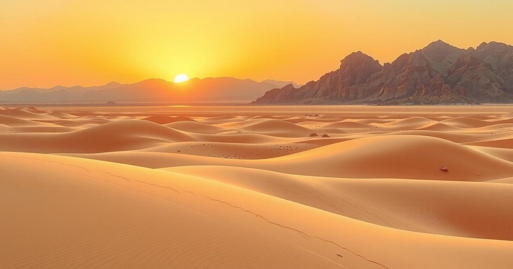 A serene landscape of a desert scene with distant mountains under a soft, warm sunset in soothing earth tones.
