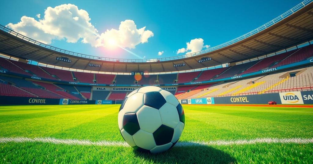 A vibrant soccer field with a ball at the center, surrounded by colorful stadium elements under a bright blue sky.