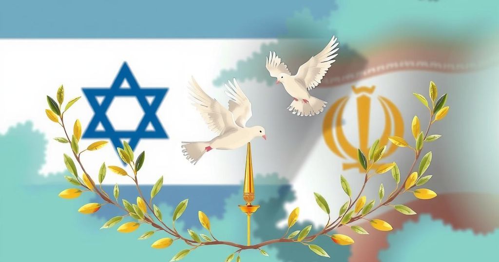 A conceptual illustration of a peace negotiation scene between Israel and Iran with symbolic elements of diplomacy.