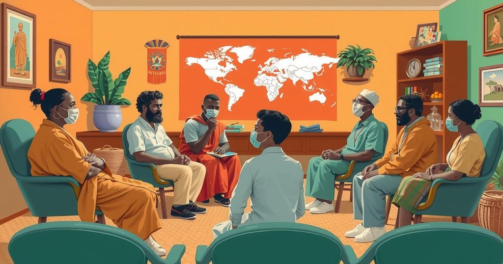 Nigerian diaspora community discussing safety measures in a calm setting with vibrant colors.