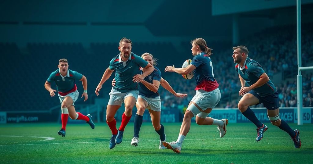 A vibrant rugby match scene with players in action, with deep greens and blues representing a competitive atmosphere.