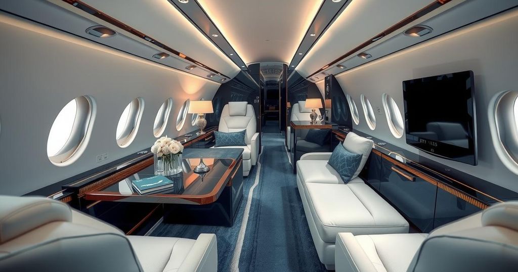 A luxury jet with sleek design reflecting power and elegance, showcasing a futuristic style with a blue and white color scheme.